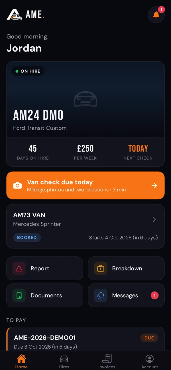 The Ame Rentals app: your van, the next check and invoices to pay